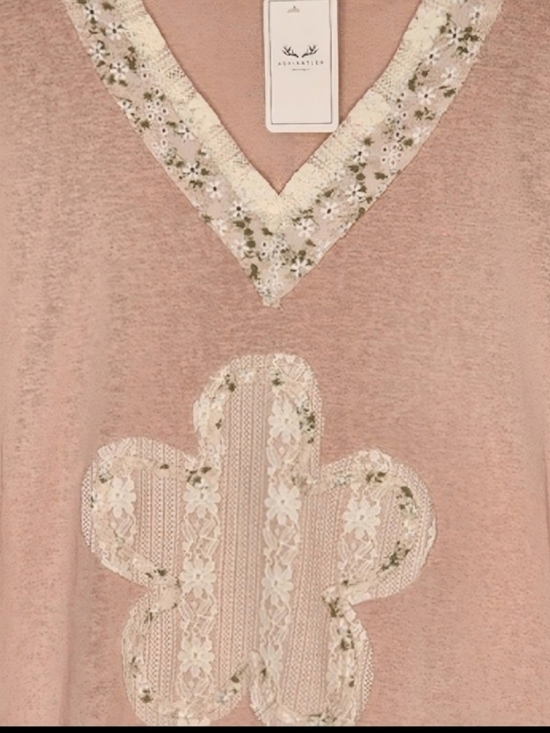 POL Zinnia Pink Floral Cactus Applique Boho Long Sleeve Top Medium - Picture 5 of 9